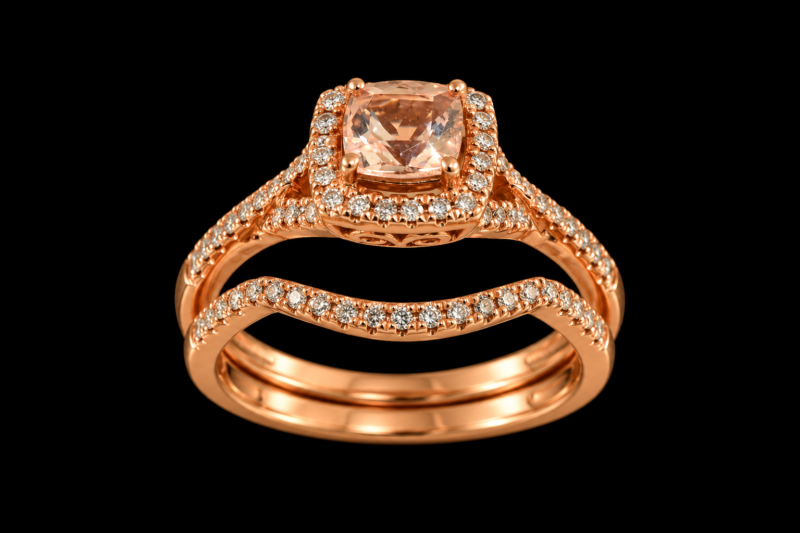Rose Gold Cushion Cut Halo Engagement Ring Set